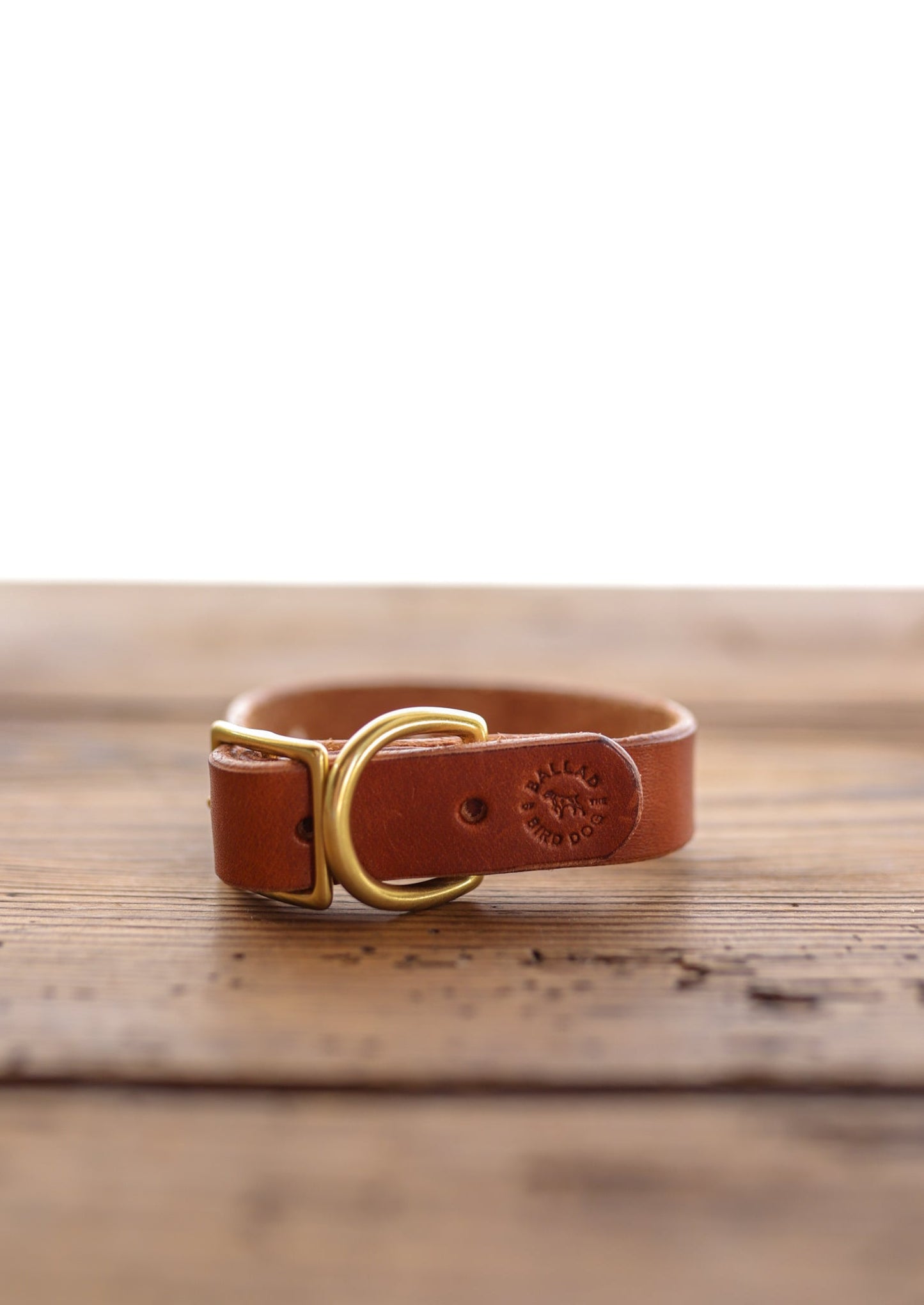 The Leather Dog Collar by Ballad of the Bird Dog is a handmade brown English bridle leather collar with a brass buckle and ring, logo-stamped, shown on wood with a white background.
