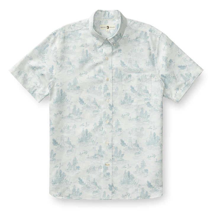 Duck Head's Linen Cotton Oxford Sport Shirt | Lakeview features a light-colored, short-sleeve design with a subtle pale blue outdoor print and button-down collar, shown laid flat on a white background.