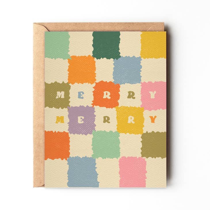 The "Merry Merry | Daydream Prints" card by Daydream Prints features a colorful retro patchwork design and bold lettering, paired with a brown envelope—an eco-friendly Christmas greeting card.