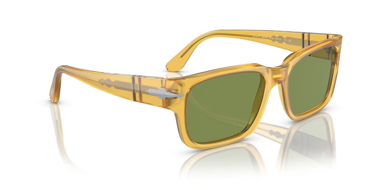 Persol 0PO3315S Miele sunglasses feature a clear yellow rectangular frame with green lenses and silver temple accents, showcasing iconic Persol colors, displayed on a white background.