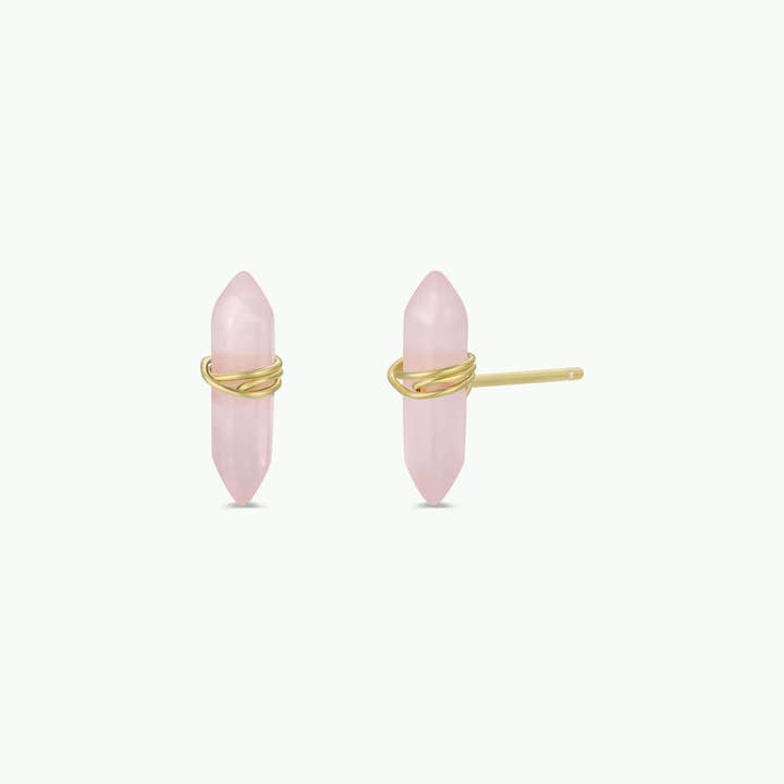 Mineral Point - Rose Quartz - Gold Wire Wrapped Earrings by JaxKelly feature two rose quartz stones with gold wire wrap and gold over sterling silver posts, shown on a plain white background.