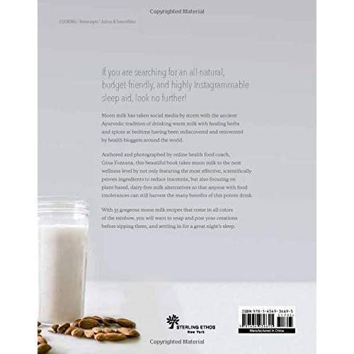 A glass of Moon Milk by Union Square and Co. sits on a white surface beside scattered almonds, with background text highlighting Moon Milk’s benefits and its role in plant-based recipes.