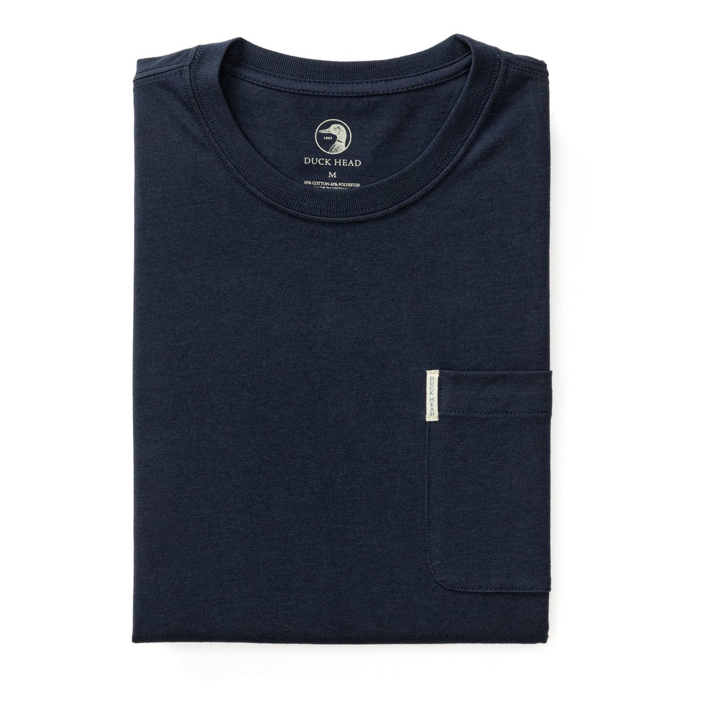 The Navy Lounge Set by Duck Head features a neatly folded dark blue cotton tee with a chest pocket and visible brand label inside the collar—ideal for pairing with flannel pants or as part of a stylish gift set.