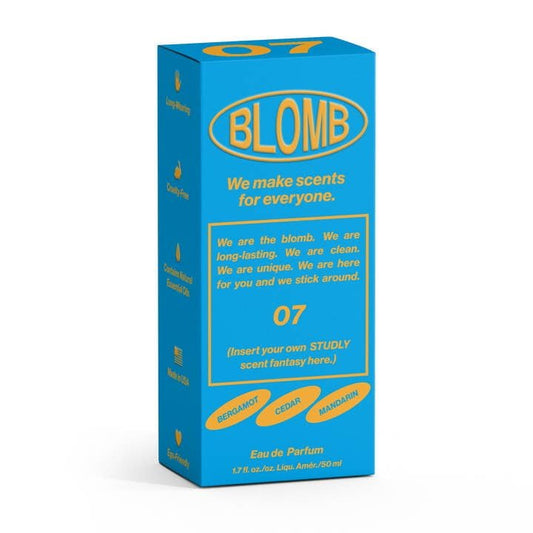 A blue and yellow "Blomb" box labeled "No. 07 Eau De Parfum" describes a unique, long-lasting, and clean scent with notes of bergamot, cedar, Australian coach wood, and mandarin.