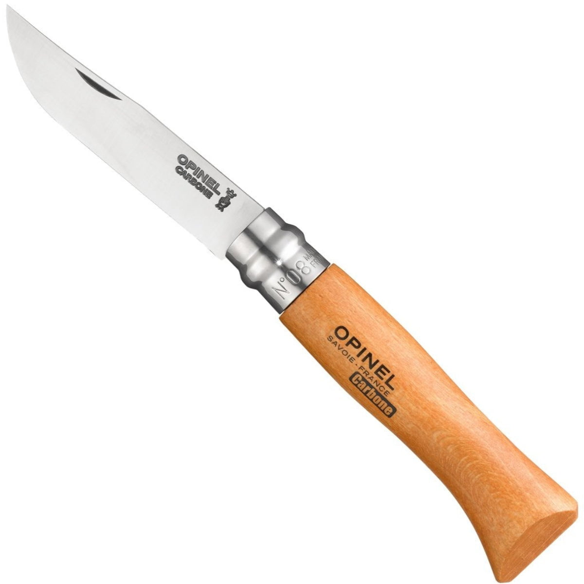 The Opinel Carbon Steel Folding Knife features a classic folding design and light wooden handle—an ideal everyday carry knife.