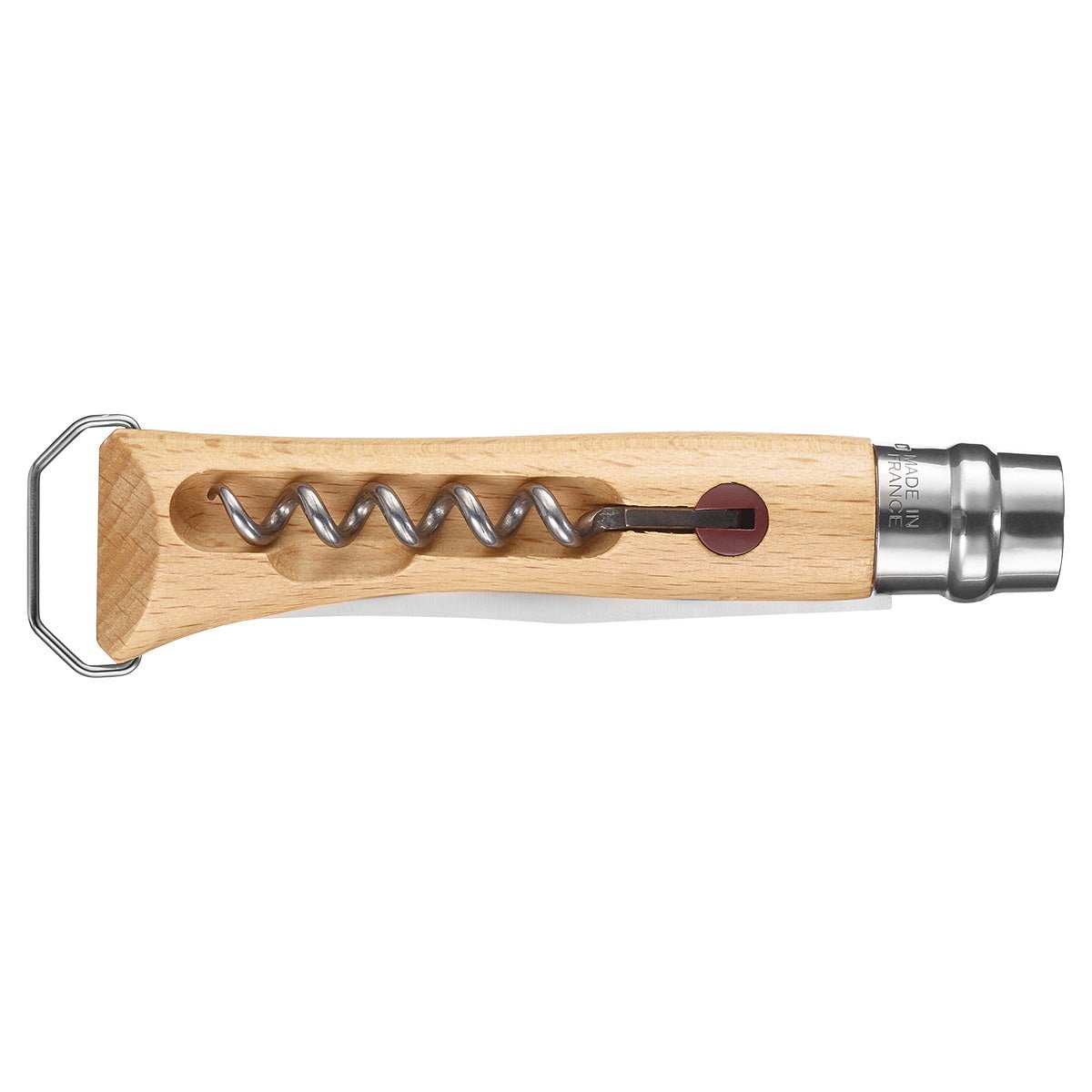 The Opinel No. 10 Corkscrew Stainless Steel Folding Knife with Bottle Opener features a wooden handle, metal spiral, and looped end, serving as both a corkscrew and bottle opener, shown against a white background.