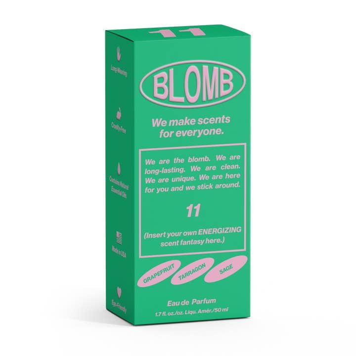 A green and pink No.11 Eau de Parfum box by Blomb, labeled "BLOMB," features a unique, energizing scent with grapefruit, tarragon, sage, and amber cognac notes for a long-lasting fragrance experience.