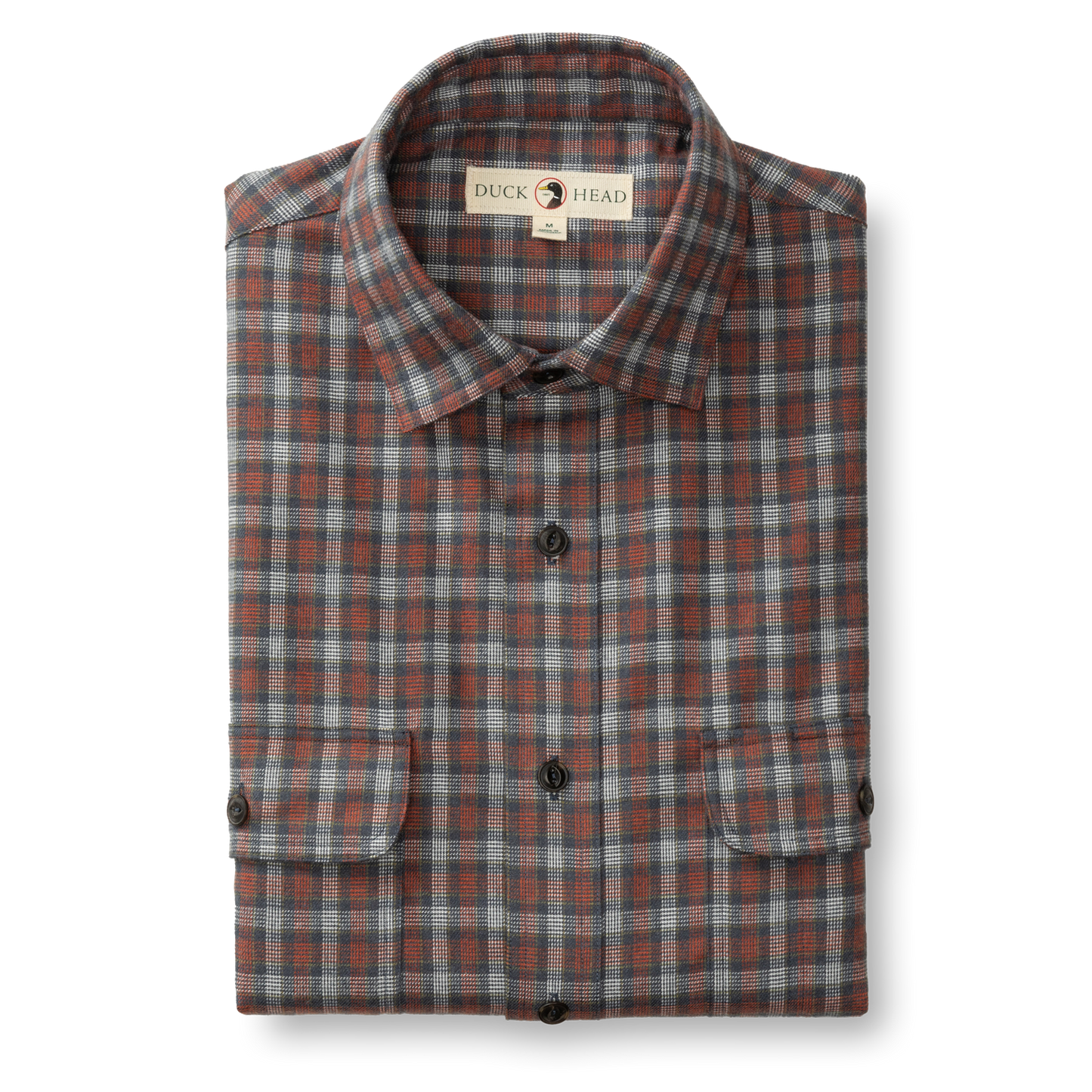 The Duck Head Performance Flannel Sport Shirt features gray, blue, and red plaid with black buttons and two front pockets, displayed folded on a white background—ideal as a moisture-wicking outdoor hiking or everyday shirt.