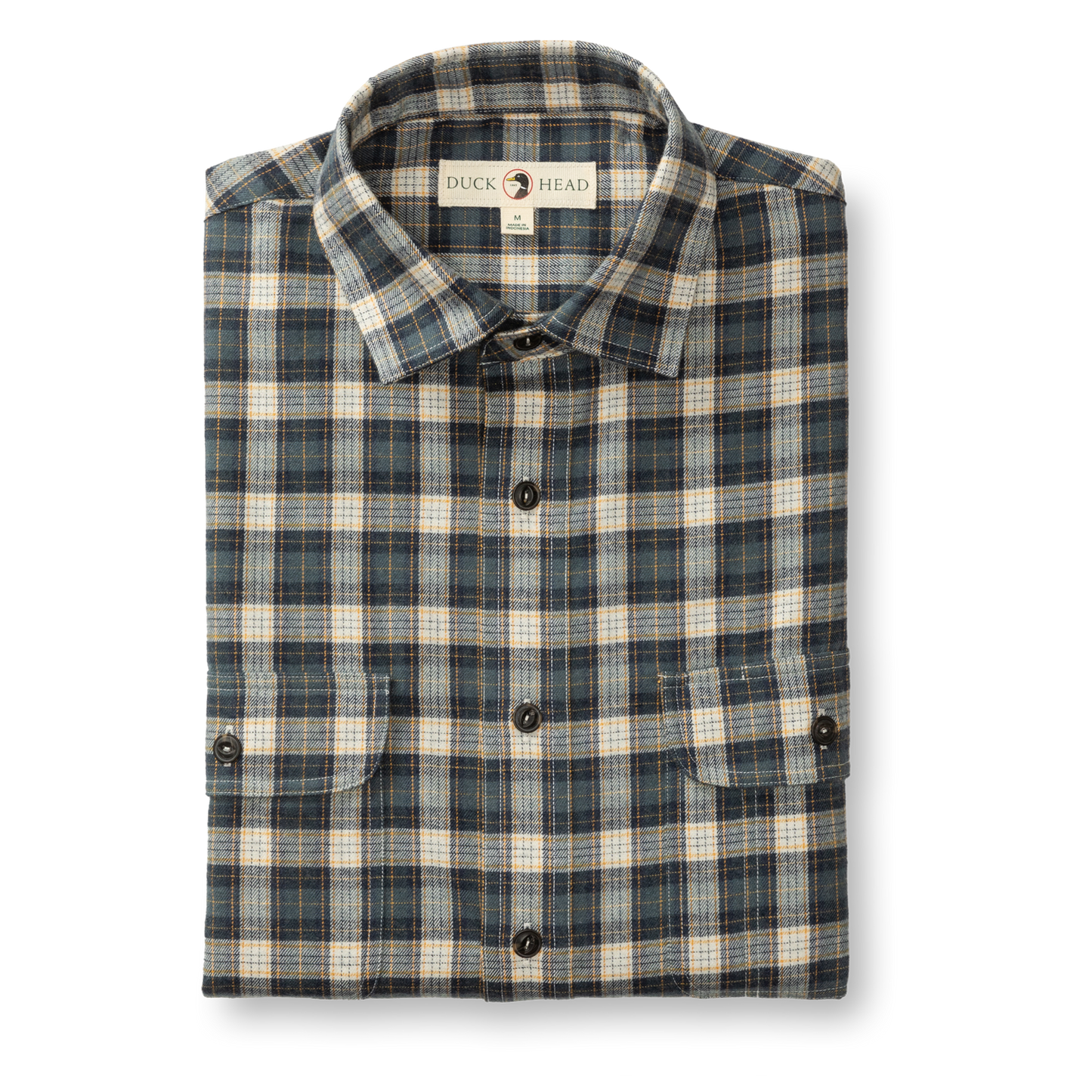 The Duck Head Performance Flannel Sport Shirt features a plaid design in blue, beige, and brown, button front, two chest pockets with branding, and is crafted from soft, moisture-wicking flannel for all-day comfort.