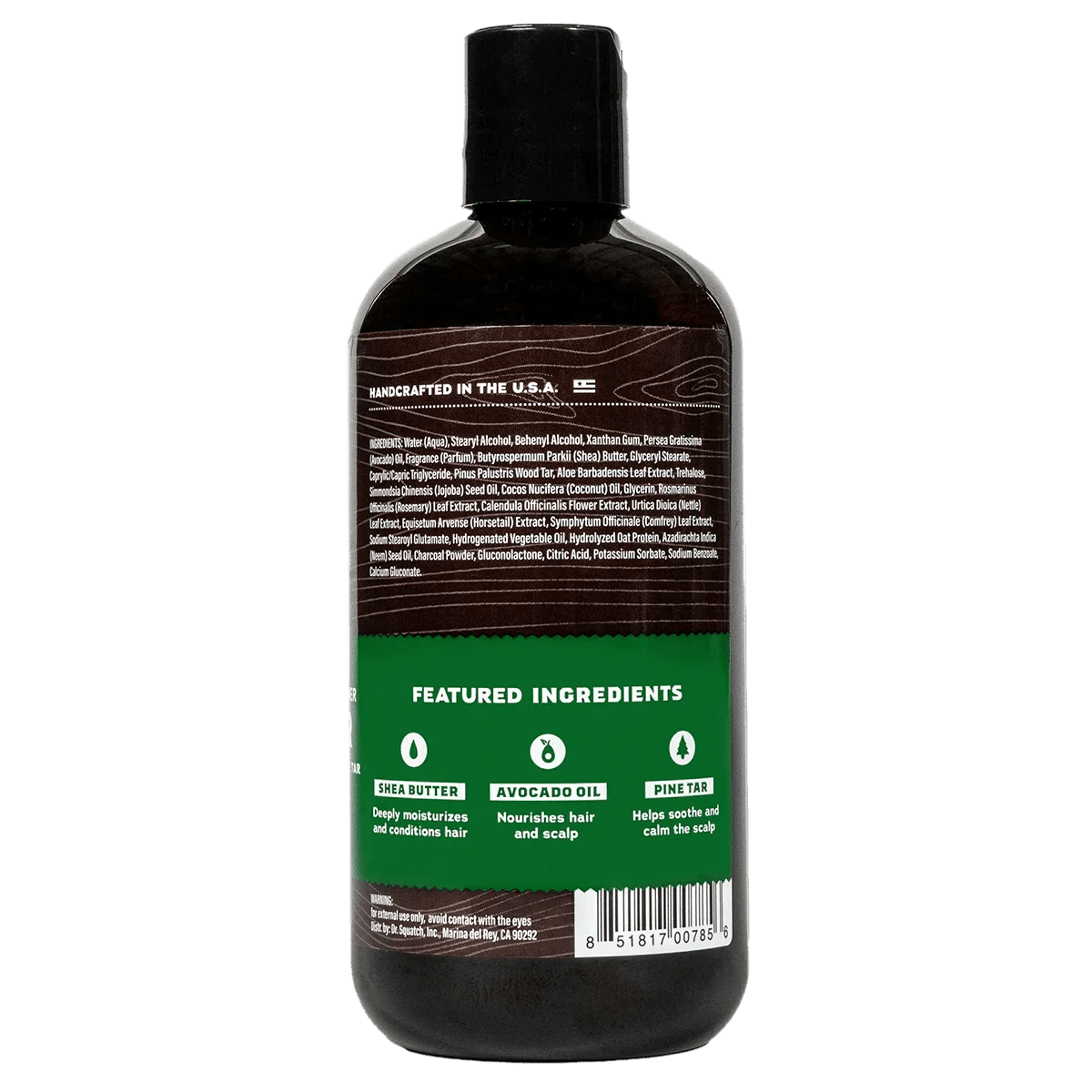 Dr. Squatch Pine Tar Conditioner, with a black cap, features shea butter, avocado oil, and pine tar to moisturize hair. The label highlights these ingredients and hints at the rugged scent of an old growth forest.