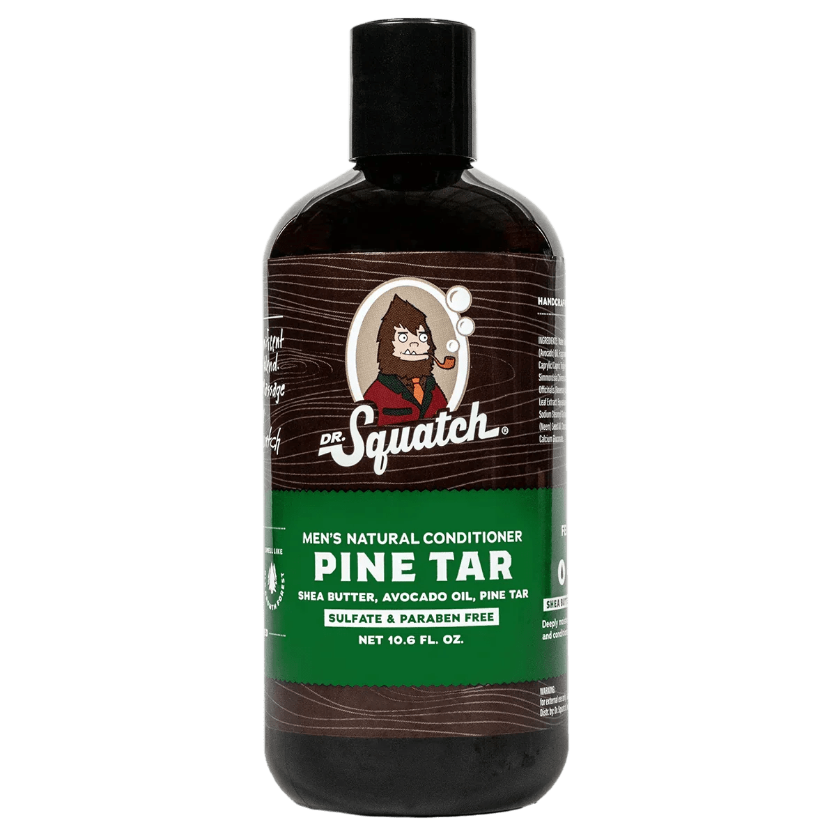 Dr. Squatch Pine Tar Conditioner moisturizes hair with shea butter, avocado oil, and pine tar, delivering a rugged old-growth forest scent. Comes in a dark brown bottle with green and white label.