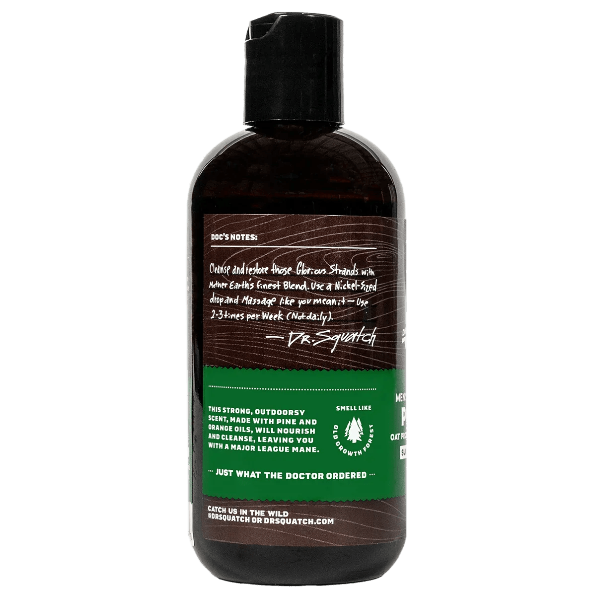 Dr. Squatch Pine Tar Shampoo features a green label with product details, offers a rugged scent for men, and is designed to provide a soothing scalp experience.
