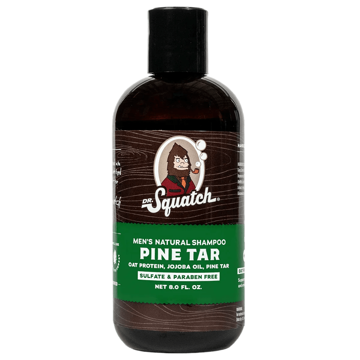 Dr.Squatch Pine Tar Shampoo, 8 fl oz, offers a rugged scent and is sulfate- and paraben-free with oat protein, jojoba oil, and pine tar for a soothing scalp experience.