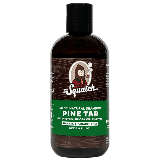 Dr.Squatch Pine Tar Shampoo, 8 fl oz, offers a rugged scent and is sulfate- and paraben-free with oat protein, jojoba oil, and pine tar for a soothing scalp experience.