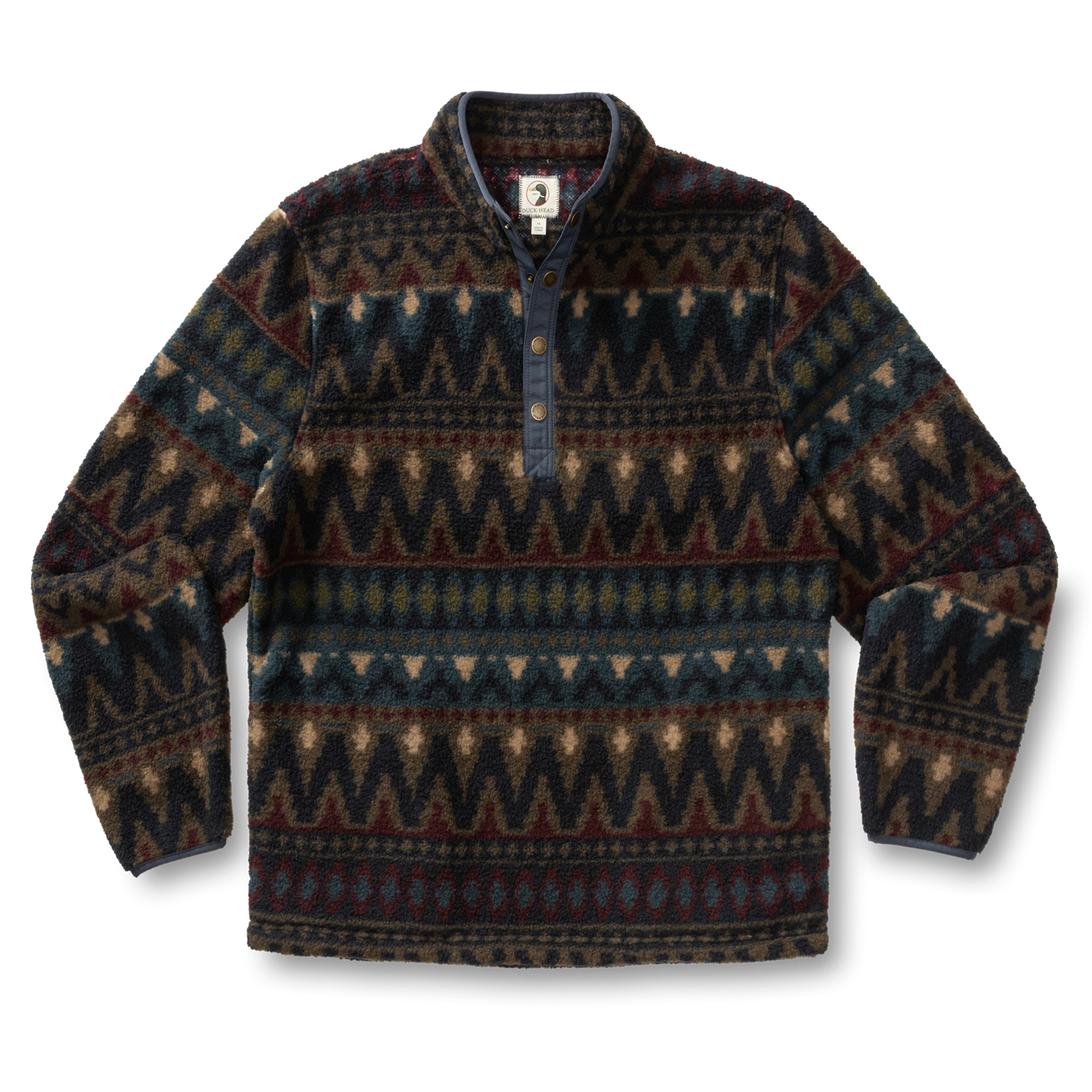 The Pineview Fleece 1/4 Snap Pullover by Duck Head features a patterned dark design, buttoned collar, and geometric motifs—ideal for camping or layering on cool hikes.