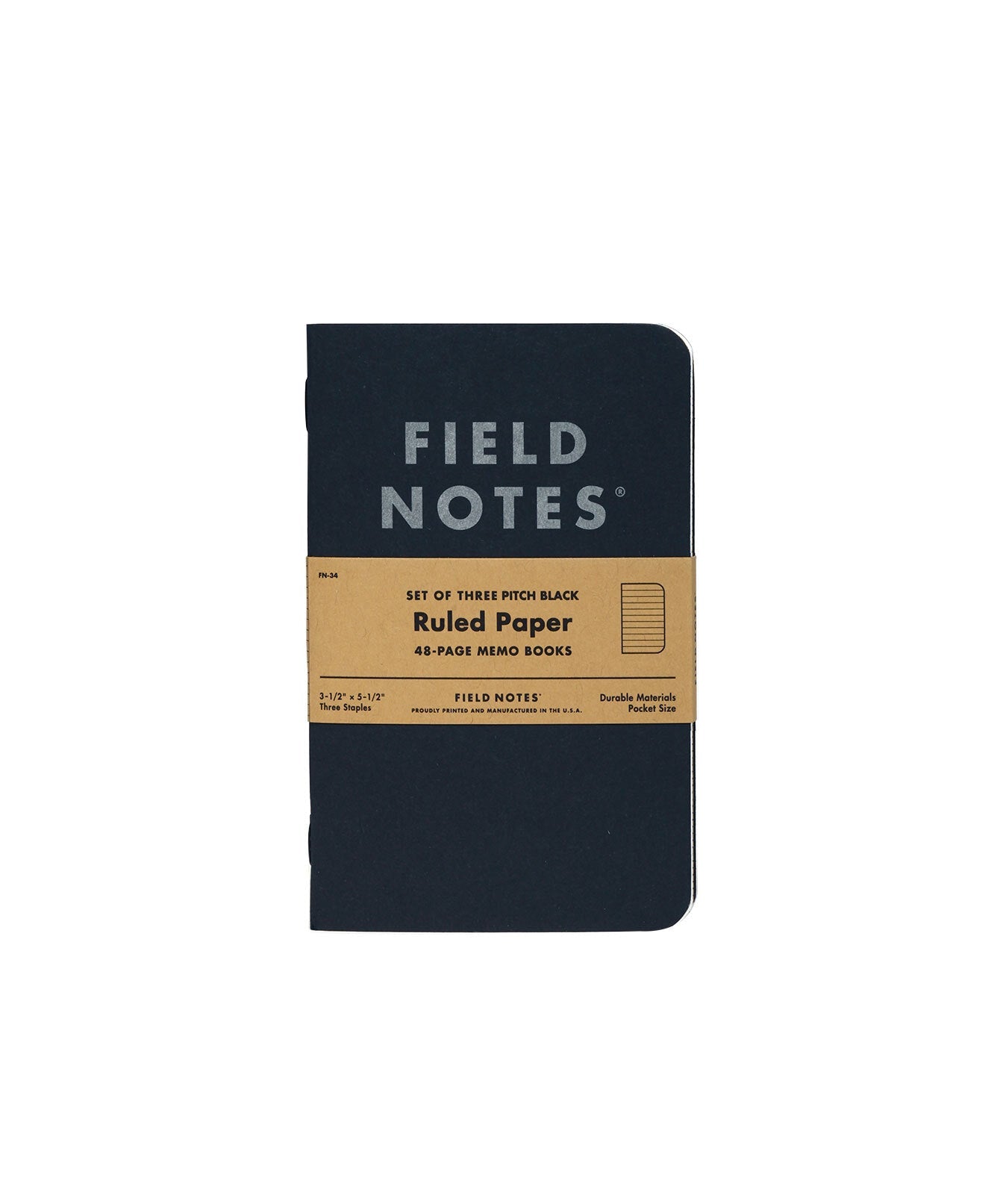 The Field Notes Pitch Black Notebook 3-Pack features three 48-page memo books with ruled paper and brown bands, shown on a white background—also offered in Dot-Graph format.