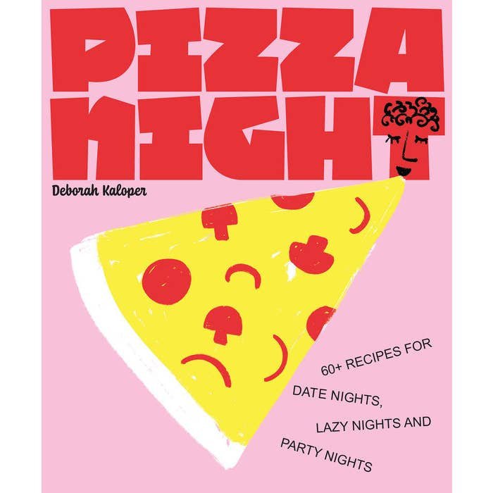 Pizza Night" by Penguin features a playful pizza slice illustration on a pink cover, with 60+ recipes for party or lazy nights, offering delicious pizza creations for every occasion.
