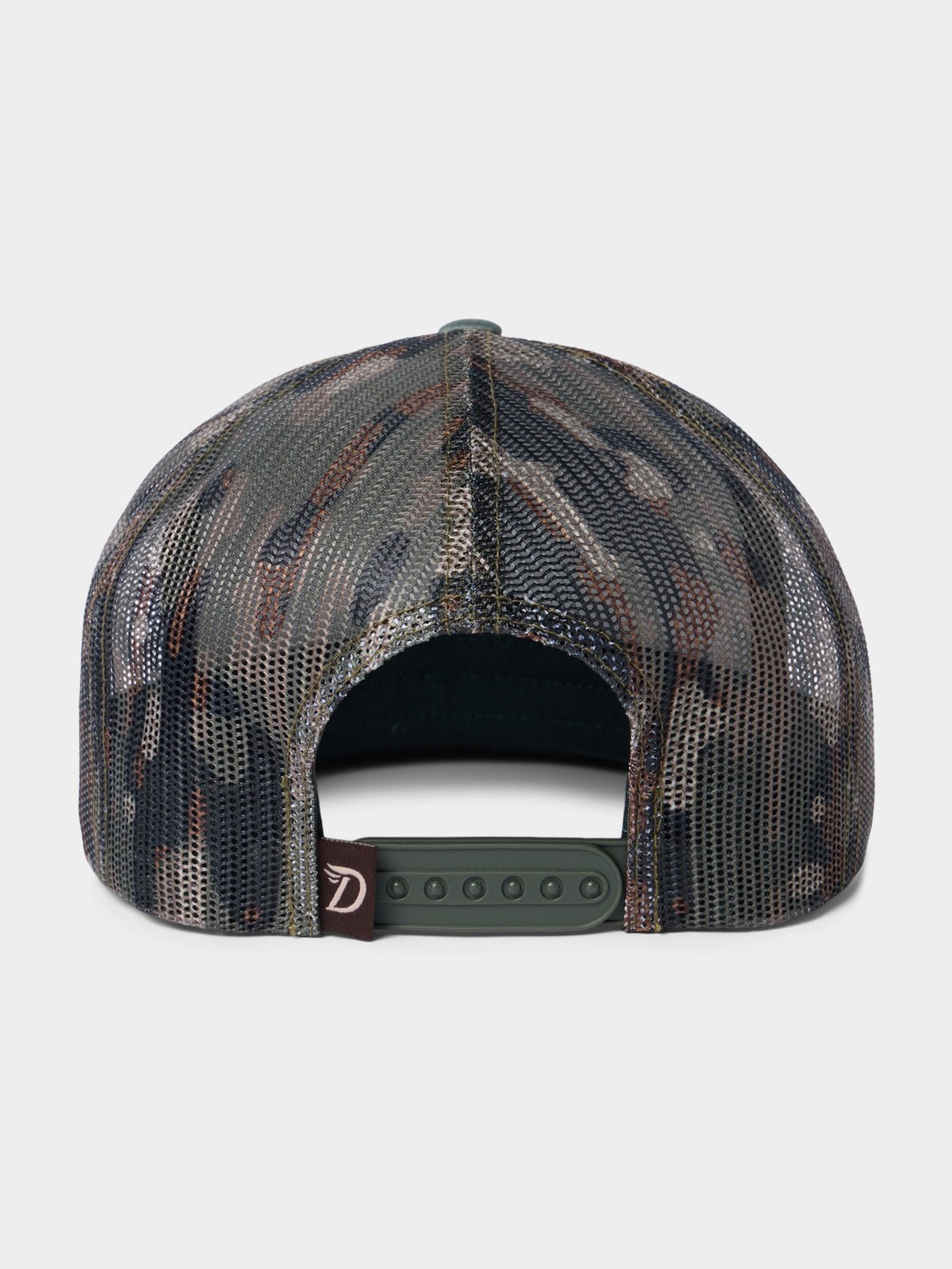 Back view of the Lucky Deer Hat by Duck Camp: mesh camo baseball cap with a flat bill, green adjustable snapback, and small brown fabric tag on the strap.