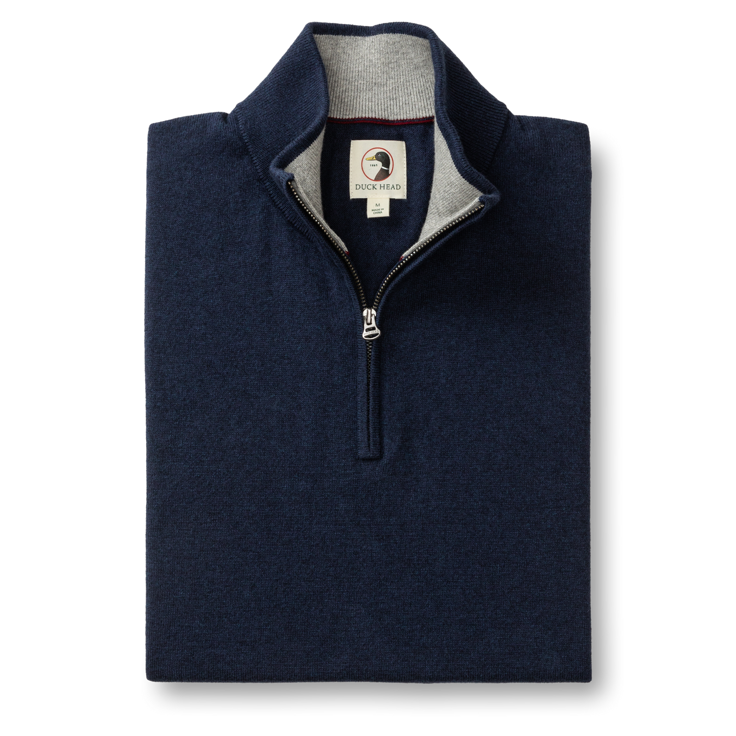 The Duck Head Ridley 1/4 Zip Sweater in navy features a standing collar, gray inner lining, and is machine washable—blending classic style and convenience for everyday wear.