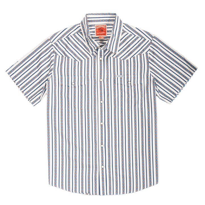 The Serape Pearl Snap Short Sleeve by Sendero Provisions Co. is a button-up shirt with vertical blue and white Western stripes, pearl snaps, two chest pockets, and a patterned design.