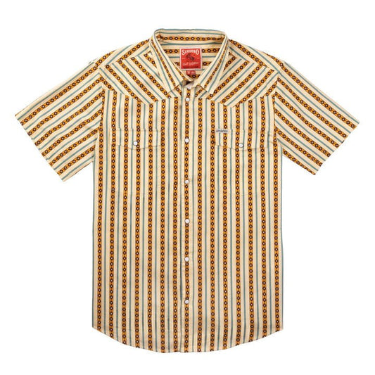 The Serape Pearl Snap Short Sleeve by Sendero Provisions Co. features vertical brown, gold, and white serape-inspired stripes, two chest pockets, and a red inner label.