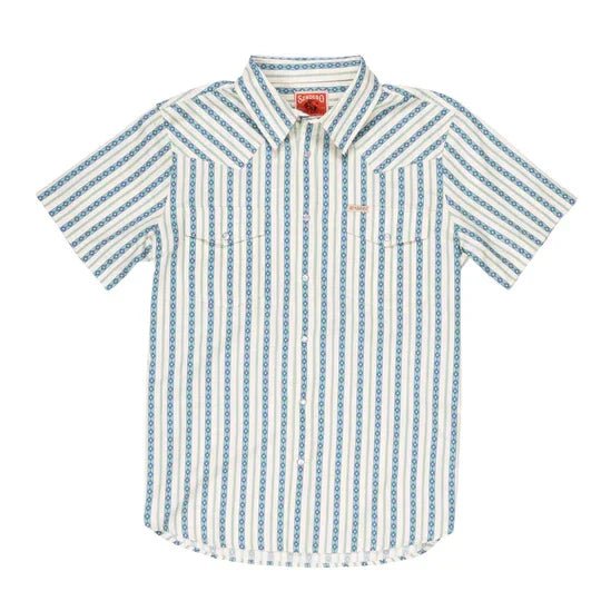 The Serape Pearl Snap Short Sleeve by Sendero Provisions Co. is a 100% cotton shirt with blue and green Western Stripe Print, pearl snaps, two chest pockets, geometric pattern, and a red label on the left pocket.