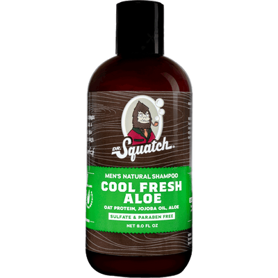 Dr.Squatch Shampoo in Cool Fresh Aloe, 8 fl oz, cleanses with oat protein, jojoba oil, and aloe. Sulfate and paraben free, it offers a refreshing scent.