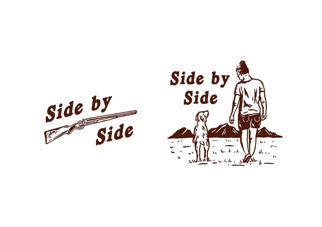 Two illustrations: one with a shotgun, one with a hunter and bird dog heading to the mountains—celebrating bird dog companionship. The Shop Shirt | Side By Side by Ballad of the Bird Dog is perfect for any collection.