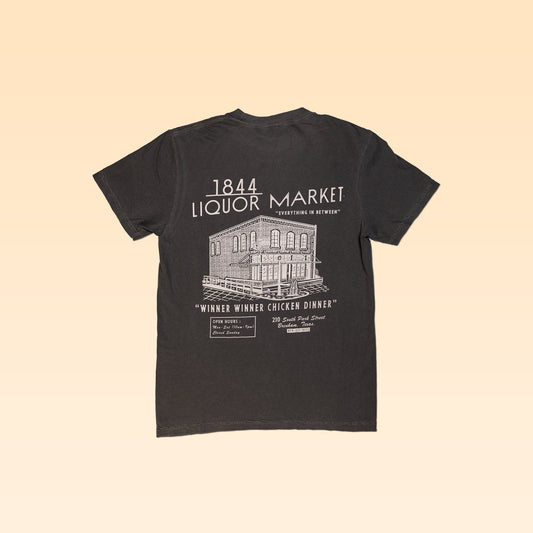 The Shop Shirt | Winner Winner Chicken Dinner | 1844 Liquor Market by 1844 Liquor Market features a building graphic and name on the front, with the address and “Winner Winner Chicken Dinner” boldly printed on the back.