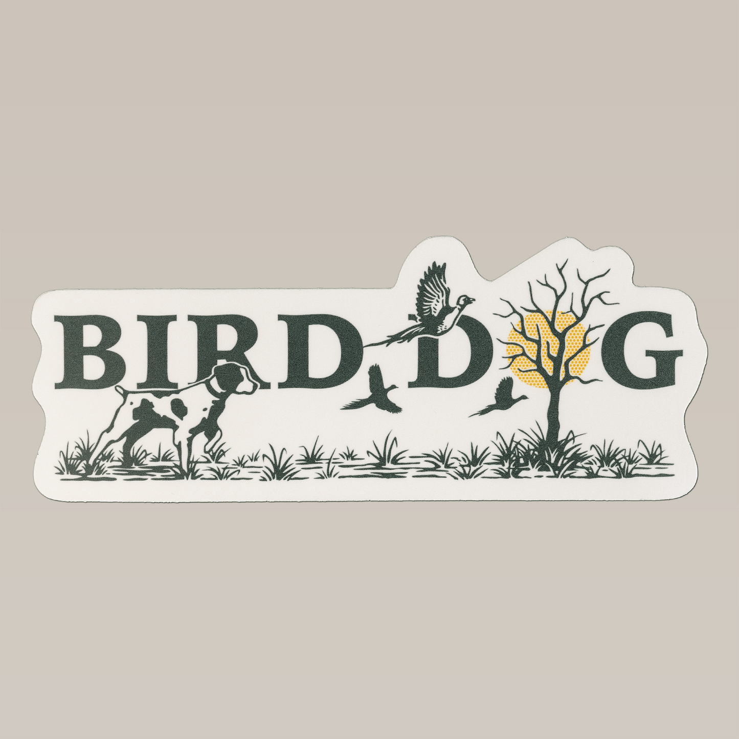 The Shop Sticker | Upland Morning by Ballad of the Bird Dog features "BIRD DOG" with a dog, upland birds in flight, and a tree for the "O" on a neutral background—perfect for dedicated bird hunters.