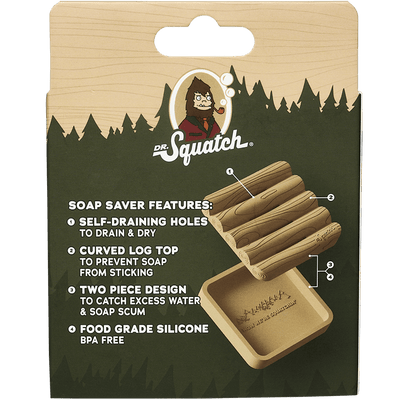 Dr. Squatch Soap Saver packaging showcases its bricc holder’s self-draining holes, curved log top, two-piece design, and food-grade silicone, plus an illustration of this useful Dr.Squatch accessory.