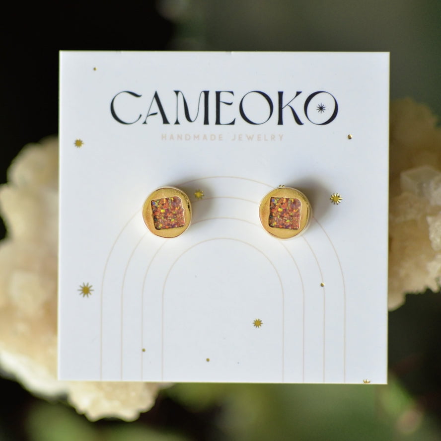 Square Opal Inlay Vintage Design Gold Post Earrings | Cameoko