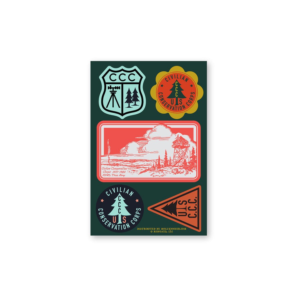 A sheet of five colorful, outdoor-rated Mollyjogger Stickers featuring Civilian Conservation Corps and U.S. conservation designs on a dark green background.