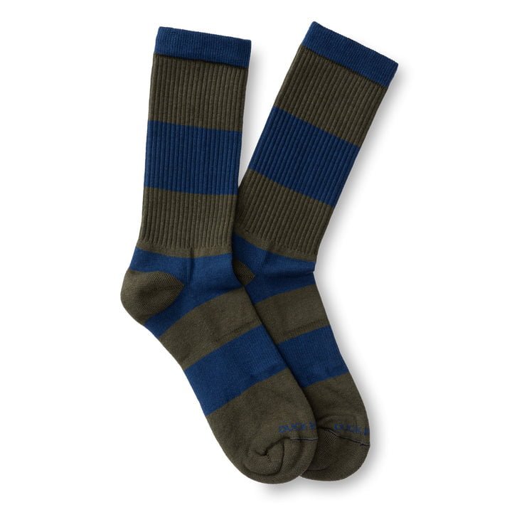 The Striped Ribbed Sock by Duck Head features wide blue and olive green stripes, making it an ideal choice for adding style and comfort to boots on your next outdoor adventure.