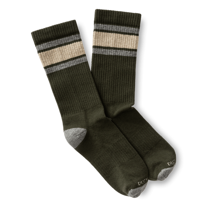 The Duck Head Striped Sock features dark green crew tube design with ribbed cuffs, grey heels and toes, and beige stripes bordered by grey—perfect nostalgic socks for vintage-inspired style.