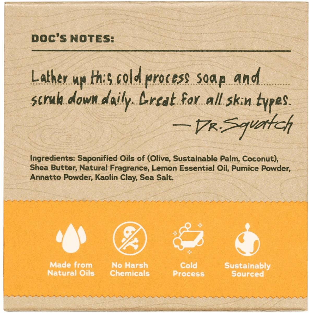 Brown soap packaging with handwritten usage notes, ingredients, and icons for natural oils, no harsh chemicals, cold process, and sustainable sourcing—ideal for displaying your Dr.Squatch Summer Citrus Soap.