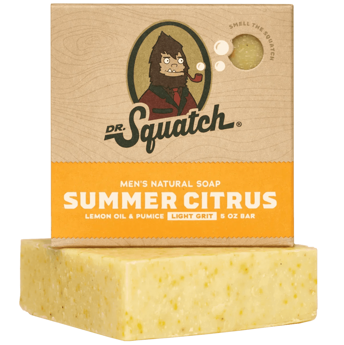 A bar of Dr.Squatch Summer Citrus Soap is displayed in front of its packaging, featuring a light grit formula with orange scent, lemon oil, pumice, and a 5 oz size.
