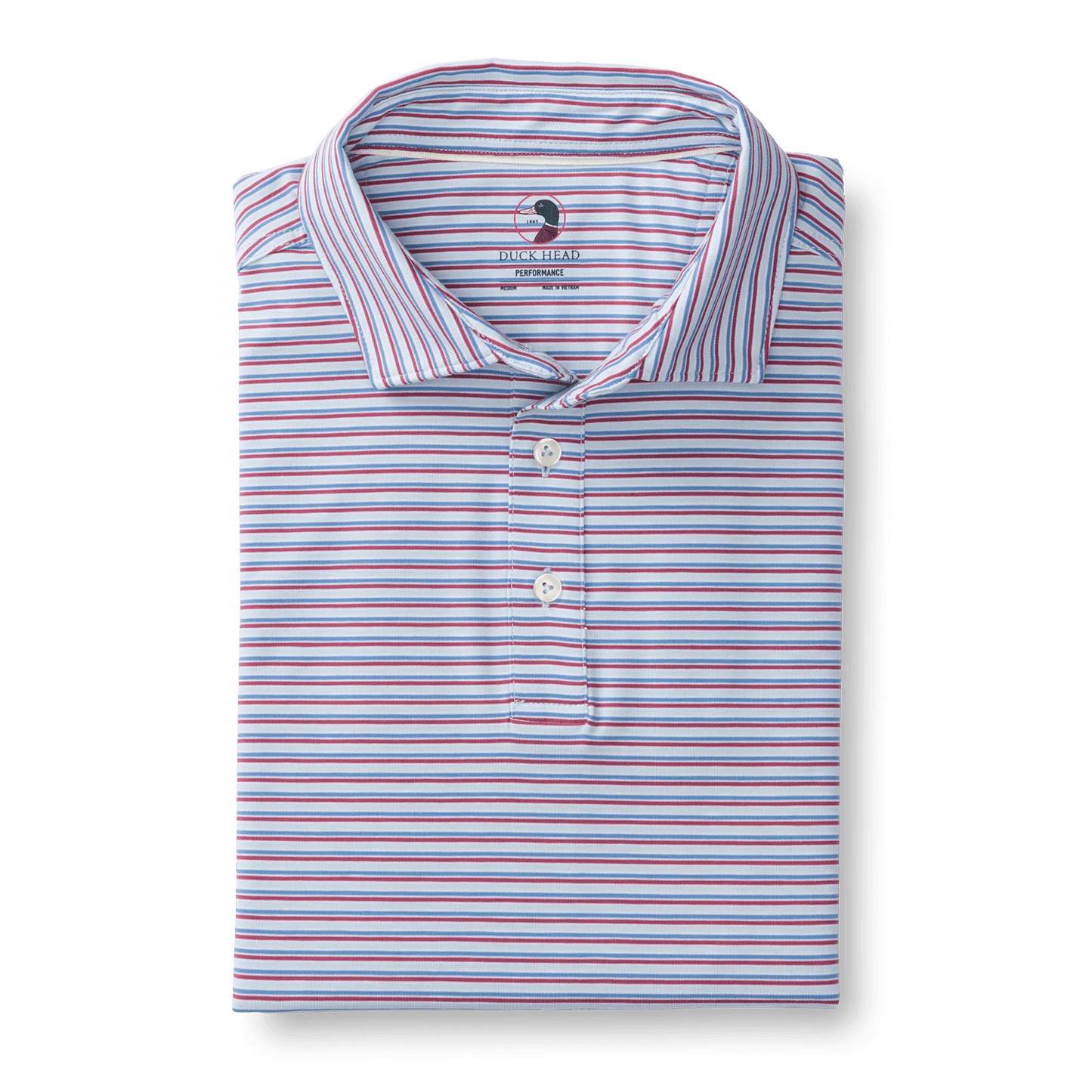 The Duck Head Summerford Performance Jersey Polo is a short-sleeve collared shirt with horizontal red, blue, and white stripes, three white buttons, and moisture-wicking fabric for lasting comfort.