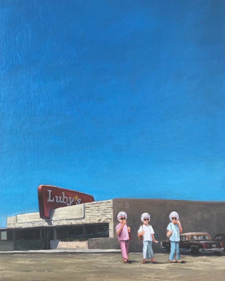 Three women with white hair stand outside a Luby's restaurant under a clear sky, with a vintage car nearby, in the "Sunday Lunch" art print by Matt Tumlinson.
