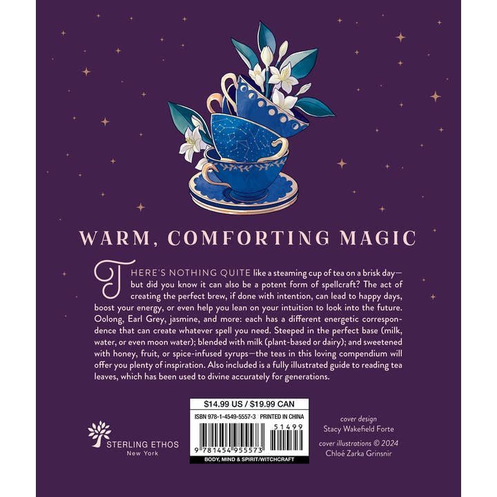 Back cover of a book featuring stacked blue teacups with stars and leaves, above the title "Tea Magic | Cozy Spells in a Cup" by Union Square and Co., with a description celebrating tea, tea spells, and comforting spellcraft rituals.