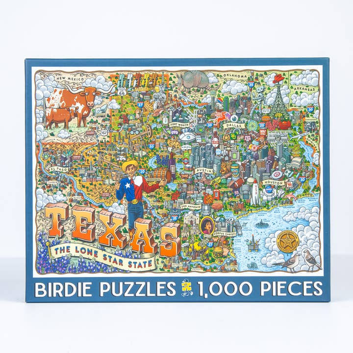 The Texas 1,000 Piece Puzzle by Birdie Puzzles features a vibrant illustrated map labeled "The Lone Star State"—an ideal Texas gift for puzzle lovers.