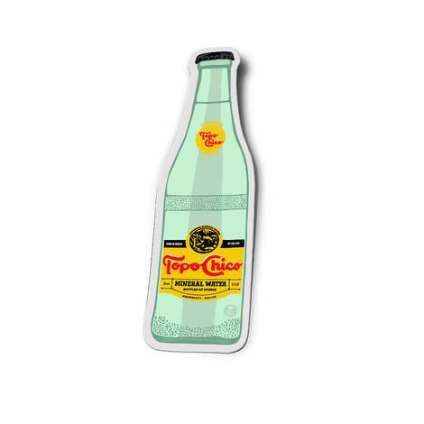 Illustration of a clear Topo Chico mineral water bottle with yellow label and black cap, featured on the Topo Chico Sticker by Anvil Cards—ideal for tough, durable stickers.
