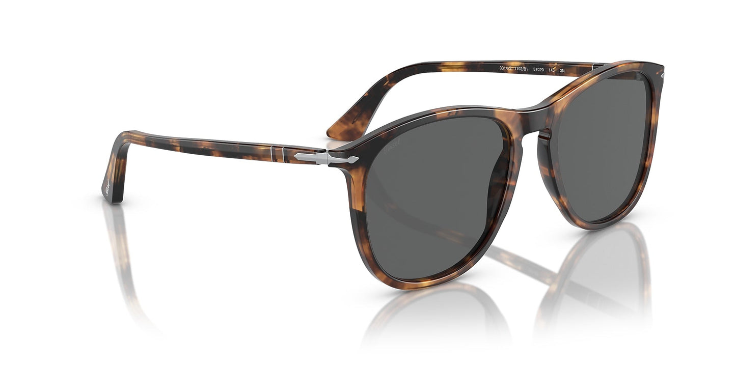 Persol 0PO3314S Tortoise Honey | Polar Black sunglasses feature a thin, lightweight frame with a refined keyhole bridge and dark lenses, shown at an angle on a white background.