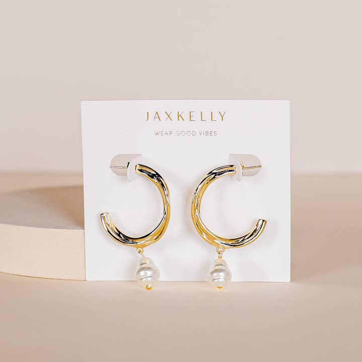 Twisted Pearl Drop Hoop - Gold Earrings | JaxKelly