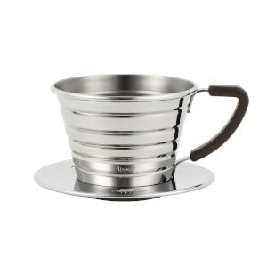 The Kalita Wave 155 Stainless Steel Coffee Dripper features a brown handle and matching circular baseāideal for pour-over coffee brewing.