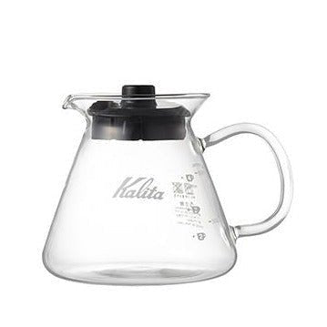 The Kalita Wave Glass Coffee Server 500mL is made from heat-resistant glass and features an ergonomic handle, measurement markings, and a black plastic lid.