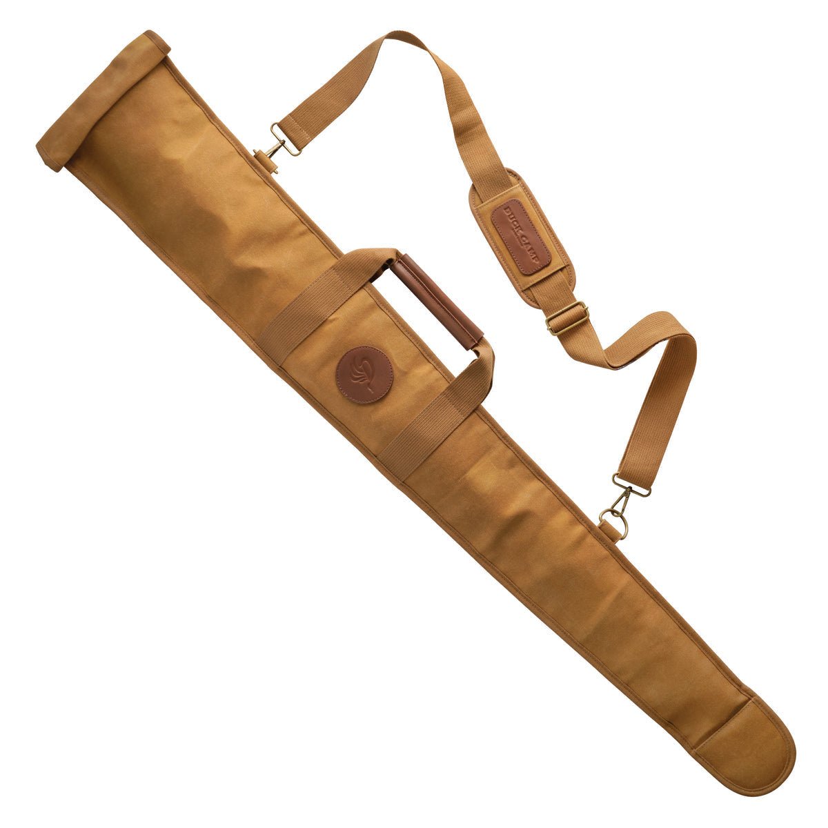 The Duck Camp Waxed Canvas Gun Sleeve in Prairie Tan features a shoulder strap, carrying handle, leather accents, and brass hardware, shown against a white background.