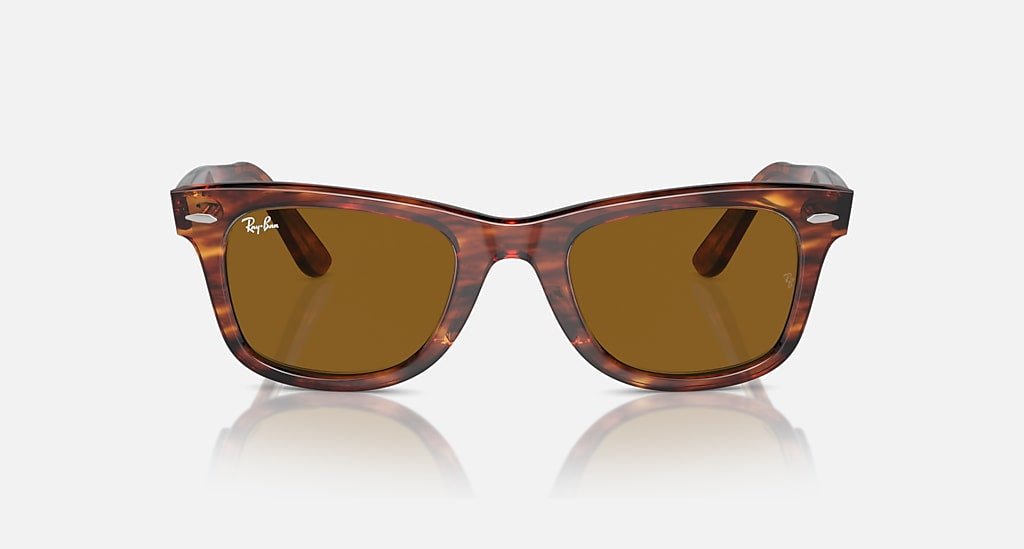Front view of Ray-Ban Wayfarer | Havana w/ Green sunglasses featuring a Havana frame and green lenses, displayed on a plain light background.