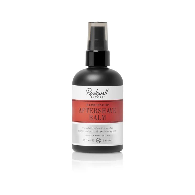 Rockwell Razors After Shave Balm, 120ml (4 fl. oz.) with black pump top and red & white label, is enriched with shea butter and features a classic barbershop scent.