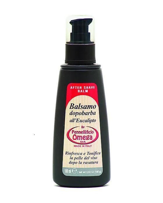 A black bottle of Omega Aftershave Balm | Eucalyptus with a pump dispenser and a cream-colored label featuring product details in Italian.